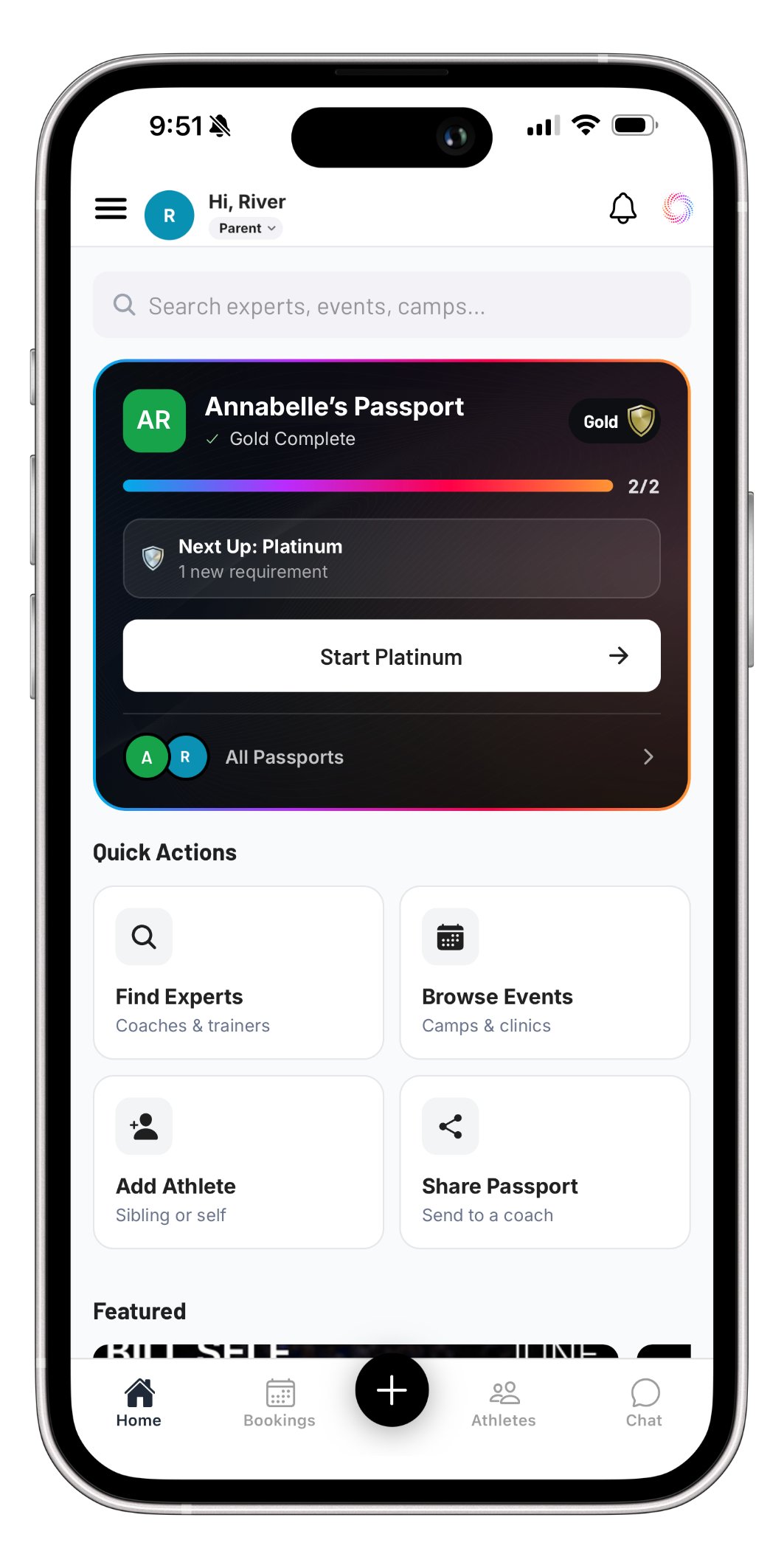 The Good Game home screen guides athletes and families through the Passport journey, showing their current verification level and the next steps needed to unlock additional opportunities, events, and experiences.